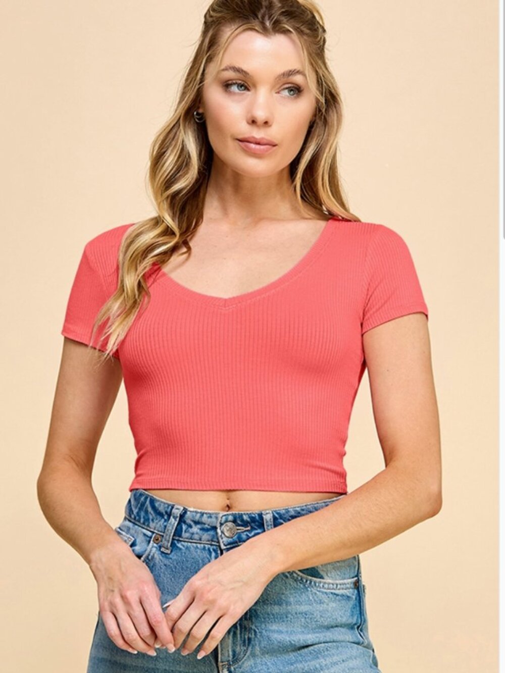 Short Sleeve V-Neck Crop Top- Rosy Chic